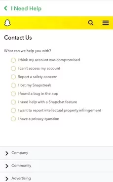 Contact Snapchat Support through app