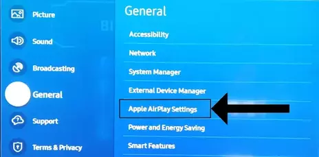 Airplay setting on Samsung tv